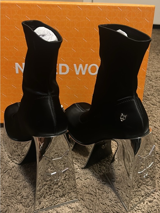 Naked Wolfe Shoes - Naked Wolfe Black Stretch Ankle Boots with Sculpted Silver Heels